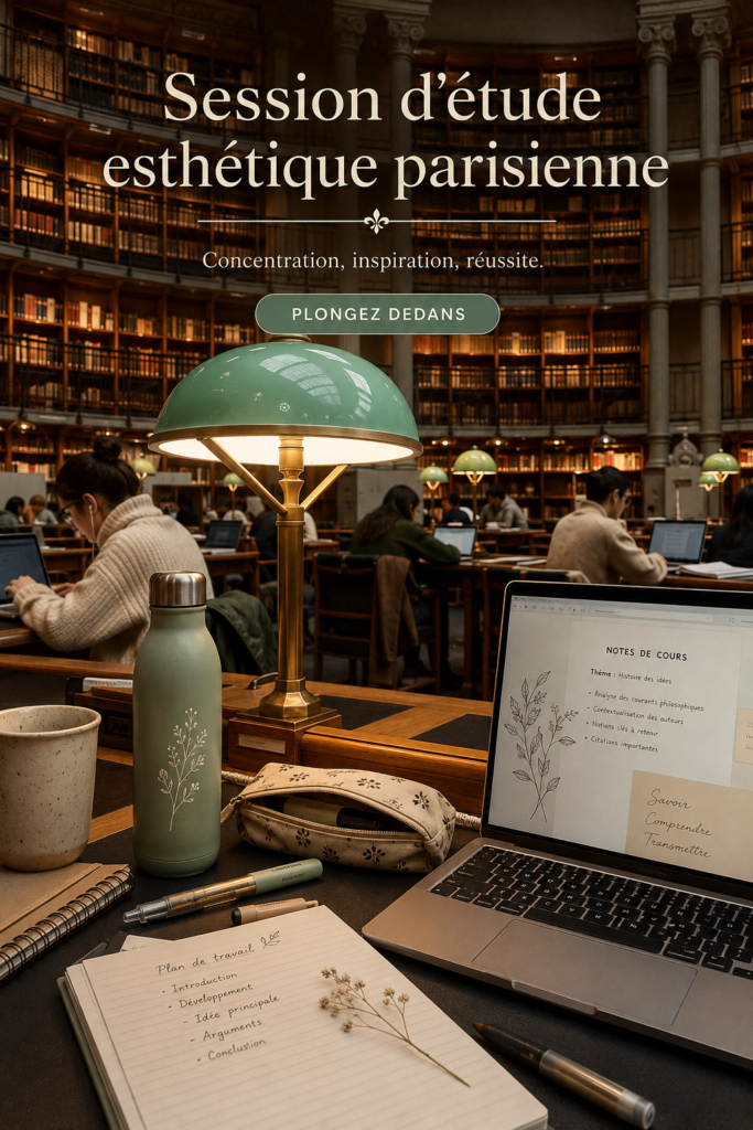 Espace d'étude esthétique à Paris avec lumière naturelle et décoration inspirante.