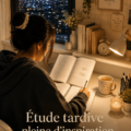 Un bureau cosy avec une tasse de café et des livres ouverts pour étudier tard le soir.