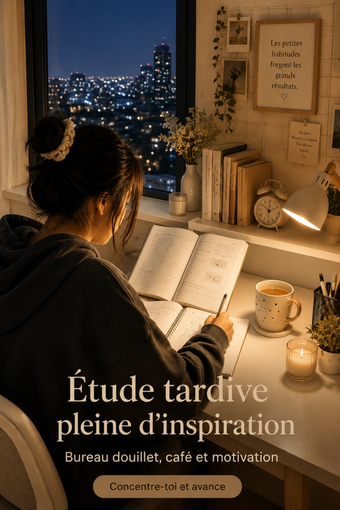 Un bureau cosy avec une tasse de café et des livres ouverts pour étudier tard le soir.