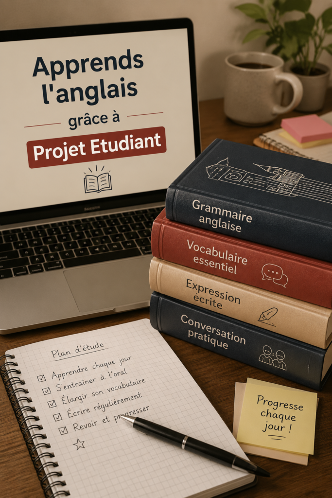Un étudiant souriant utilisant un ordinateur pour apprendre l'anglais avec des ressources en ligne.