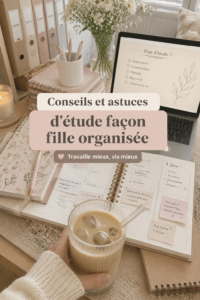 Astuces d'études pour les jeunes filles avec un bureau bien organisé.
