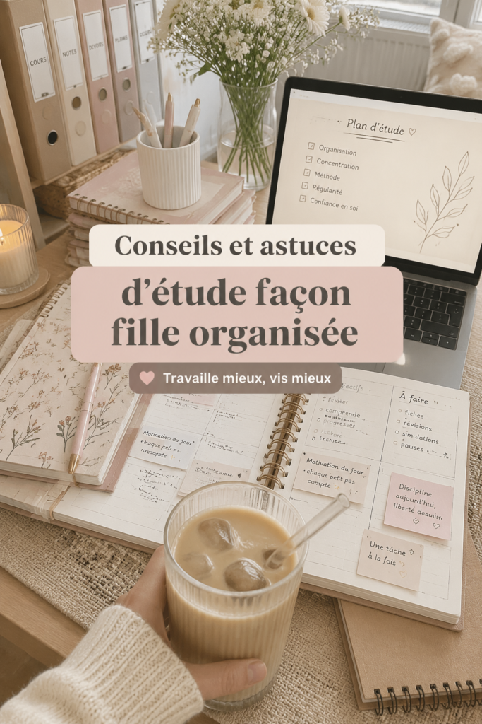 Astuces d'études pour les jeunes filles avec un bureau bien organisé.
