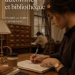 Bibliothèque avec des livres sur les étagères portant des couleurs d'automne.