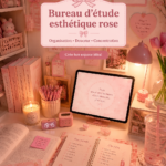 Un bureau d'étude rose élégant avec des accessoires de décoration moderne.