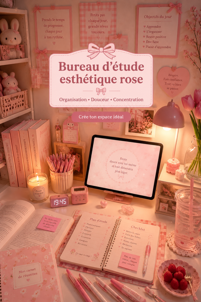 Un bureau d'étude rose élégant avec des accessoires de décoration moderne.