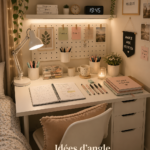 Aménagement d'un coin étude dans une petite chambre avec bureau et étagères murales.