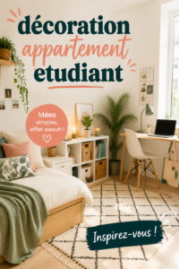 Un salon d'appartement étudiant joliment décoré avec des couleurs vives et des accessoires modernes.