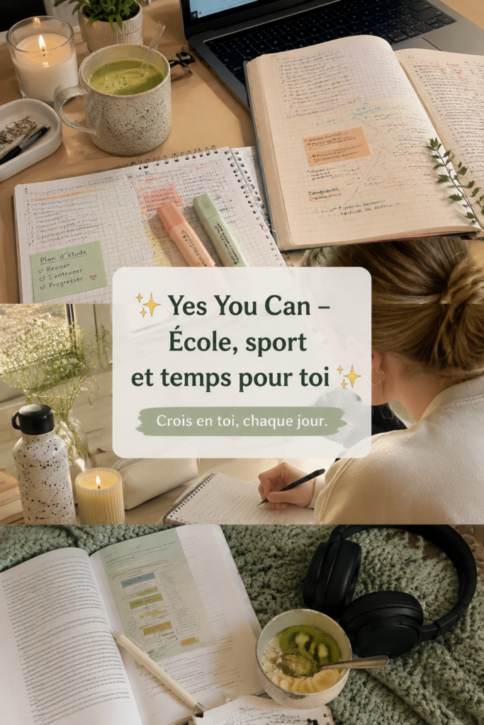Un étudiant jongle entre ses livres, des équipements de sport et un agenda, représentant l'équilibre entre études et vie personnelle.