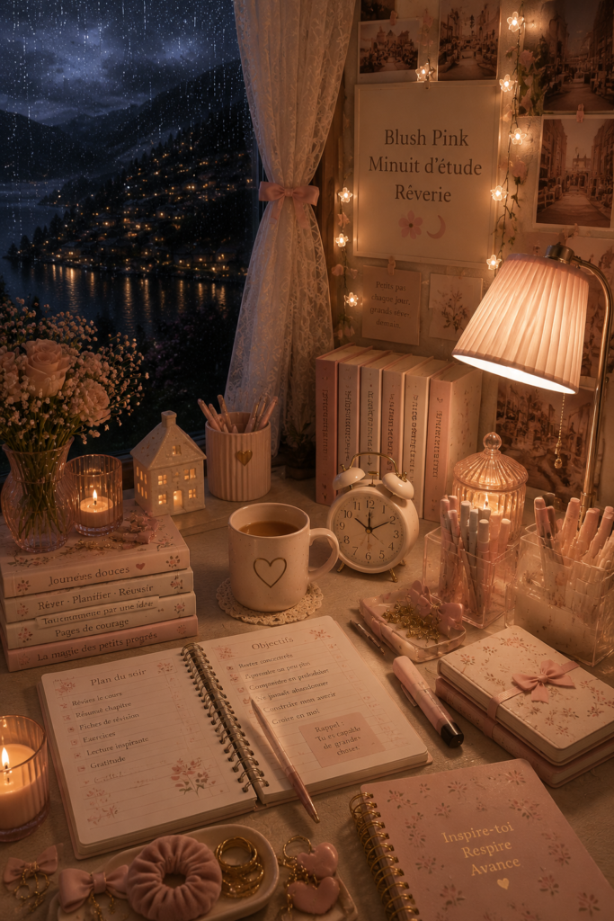 Bureau moderne décoré en rose blush pour une ambiance apaisante