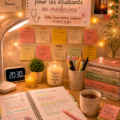 Un espace d'étude calme et organisé avec une lumière douce et des plantes, parfait pour les étudiants en médecine.