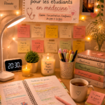 Un espace d'étude calme et organisé avec une lumière douce et des plantes, parfait pour les étudiants en médecine.