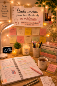 Un espace d'étude calme et organisé avec une lumière douce et des plantes, parfait pour les étudiants en médecine.