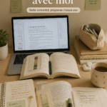 Une image d'un timer Pomodoro sur un bureau d'études avec des fournitures scolaires.