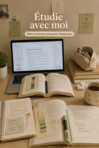 Une image d'un timer Pomodoro sur un bureau d'études avec des fournitures scolaires.