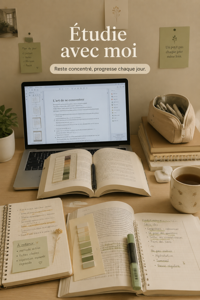 Une image d'un timer Pomodoro sur un bureau d'études avec des fournitures scolaires.