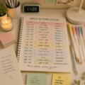 Une étudiante concentrée sur son plan de travail, entourée de livres et d'un ordinateur.