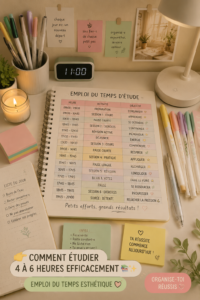 Une étudiante concentrée sur son plan de travail, entourée de livres et d'un ordinateur.