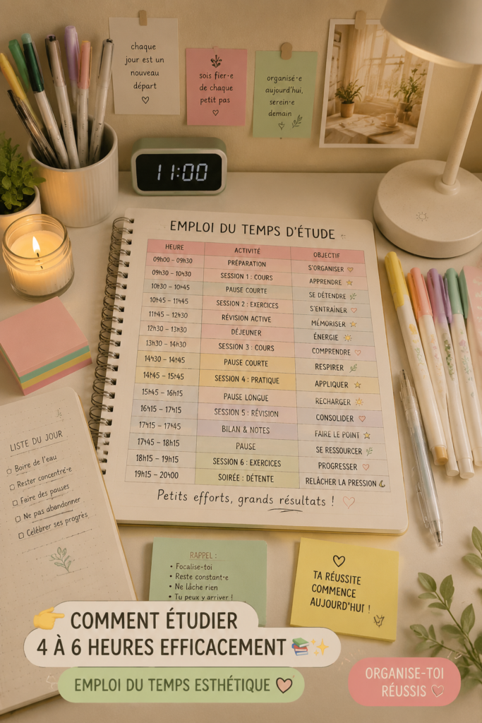 Une étudiante concentrée sur son plan de travail, entourée de livres et d'un ordinateur.