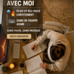 Un étudiant dans un espace d'étude calme avec une lumière douce et des éléments apaisants.