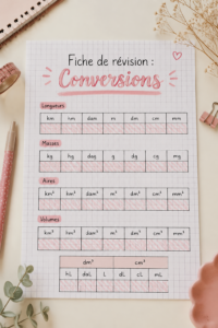 Exemple de fiche de révision sur les conversions, bien structurée et colorée.