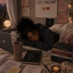 Un élève stressé face à ses livres, illustrant les défis scolaires.