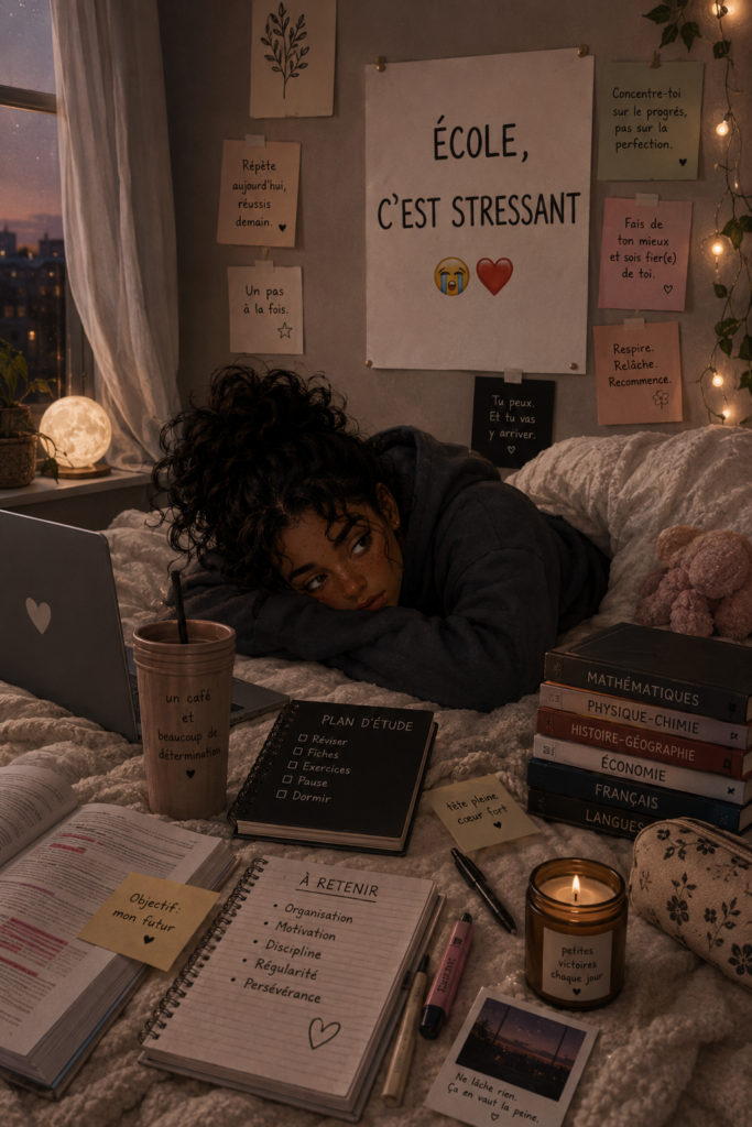 Un élève stressé face à ses livres, illustrant les défis scolaires.