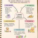 Illustration représentant les cinq grandes écoles de psychologie avec des symboles associés.