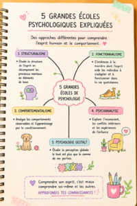 Illustration représentant les cinq grandes écoles de psychologie avec des symboles associés.