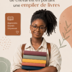 Une jeune femme portant des lunettes avec une queue de cheval, entourée d'une pile de livres.
