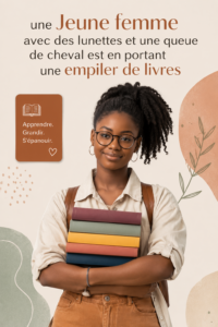 Une jeune femme portant des lunettes avec une queue de cheval, entourée d'une pile de livres.