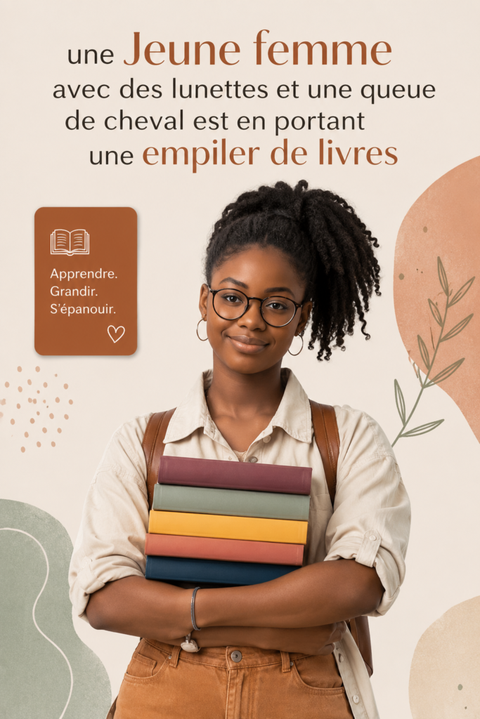 Une jeune femme portant des lunettes avec une queue de cheval, entourée d'une pile de livres.