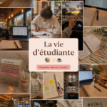 Une étudiante souriante avec des livres et un café sur son bureau, représentant la vie d'étudiante.
