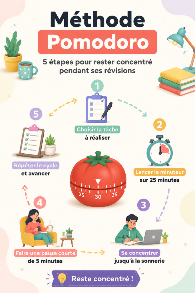 Étudiant utilisant la méthode Pomodoro avec un minuteur pour ses révisions