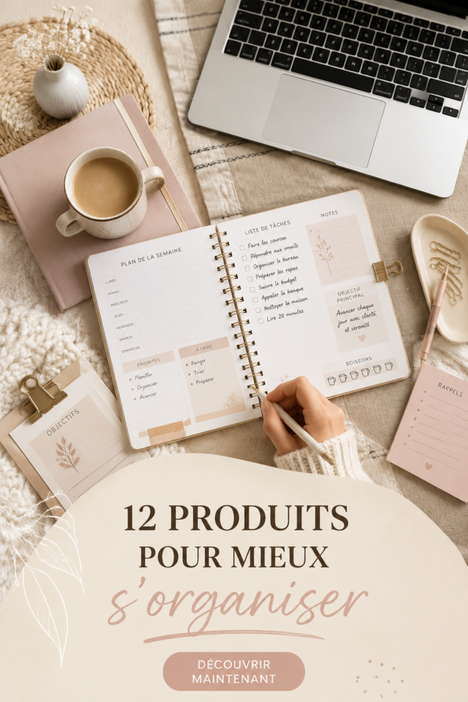 Image de produits d'organisation divers sur un bureau soigné.