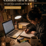 Étudiant révisant tard la nuit avant un examen dans une chambre bien éclairée.