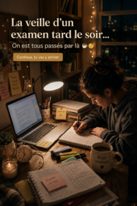 Étudiant révisant tard la nuit avant un examen dans une chambre bien éclairée.