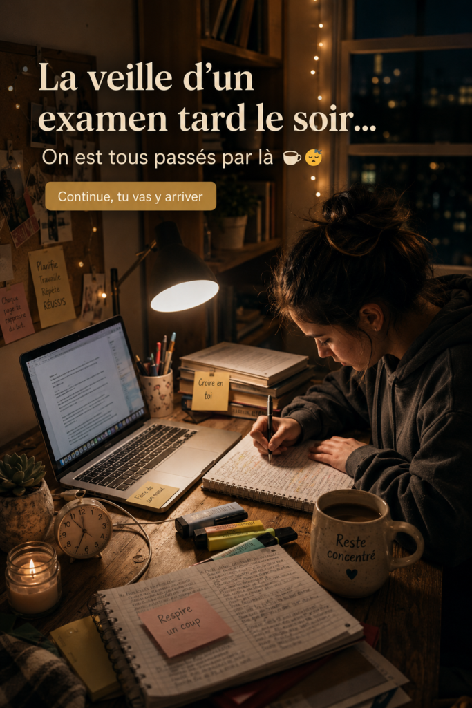 Étudiant révisant tard la nuit avant un examen dans une chambre bien éclairée.