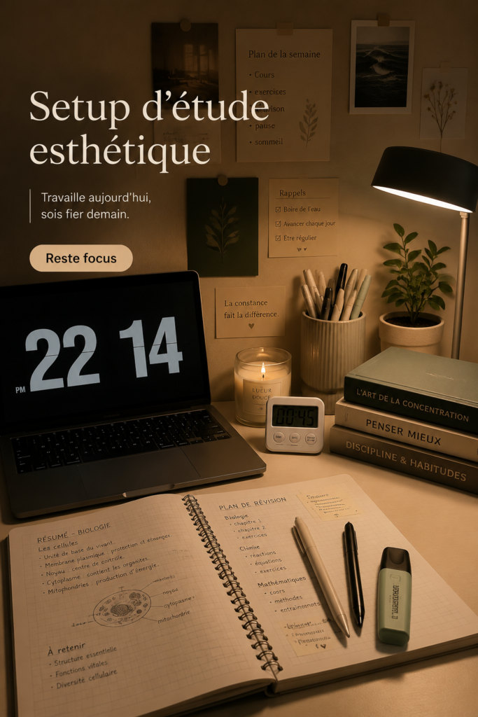 Un bureau esthétique avec des éléments décoratifs inspirants pour étudier
