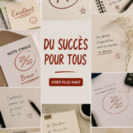 Une personne souriante tenant un panneau avec le mot 'Succès' en arrière-plan de paysages inspirants.