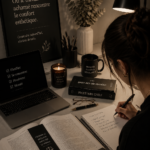 Un bureau inspirant avec des livres et des éléments de confort esthétique.