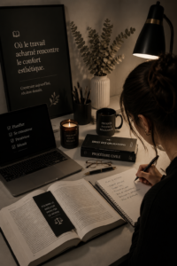 Un bureau inspirant avec des livres et des éléments de confort esthétique.