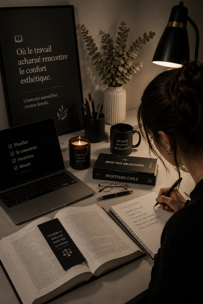 Un bureau inspirant avec des livres et des éléments de confort esthétique.