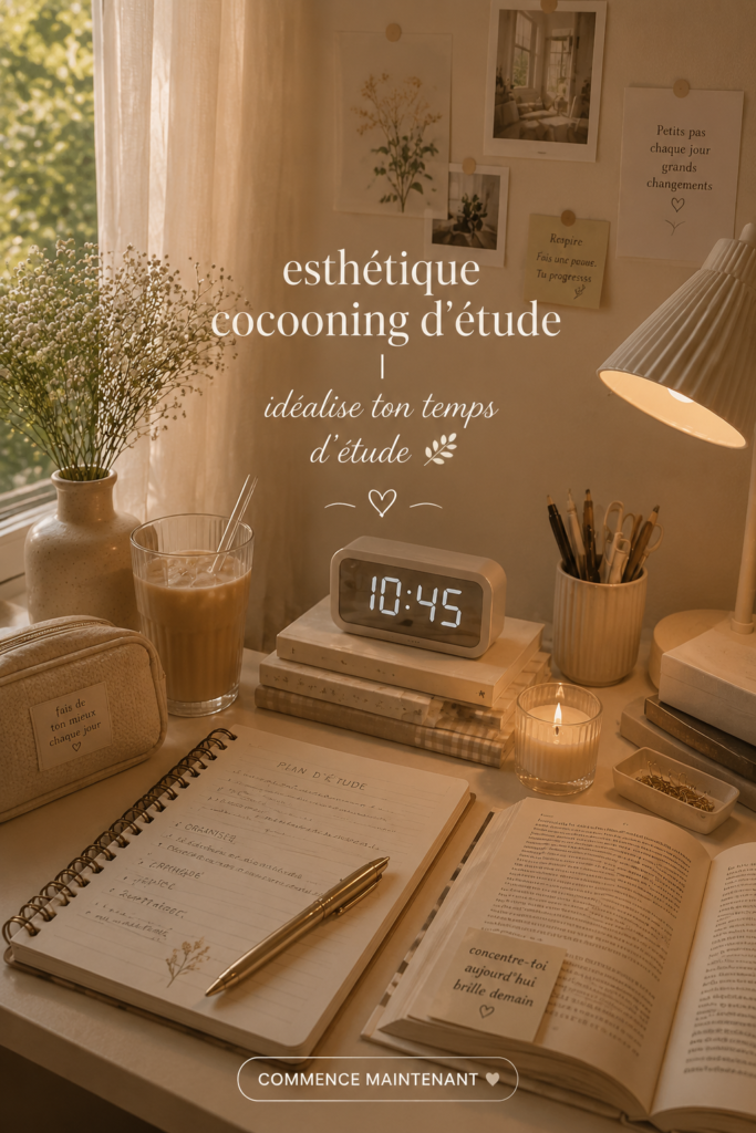 Un coin d'étude cosy avec une lumière douce et des plantes décoratives.