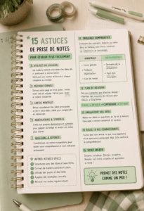 Un étudiant prenant des notes sur un carnet, entouré de livres et de fournitures scolaires.