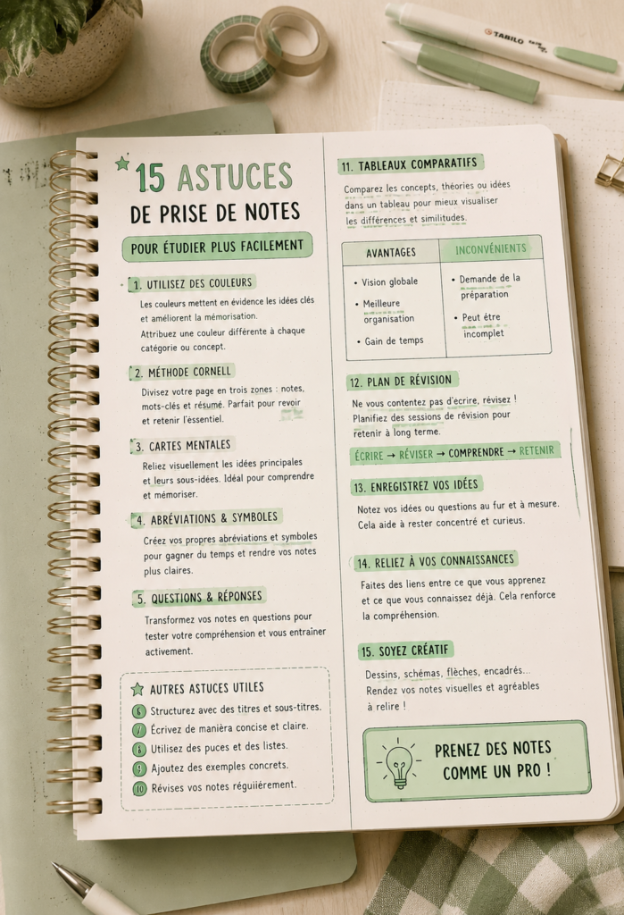 Un étudiant prenant des notes sur un carnet, entouré de livres et de fournitures scolaires.