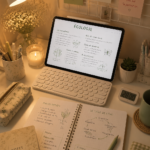 Un bureau d'étude aesthetic avec un iPad, des notes et une décoration harmonieuse.