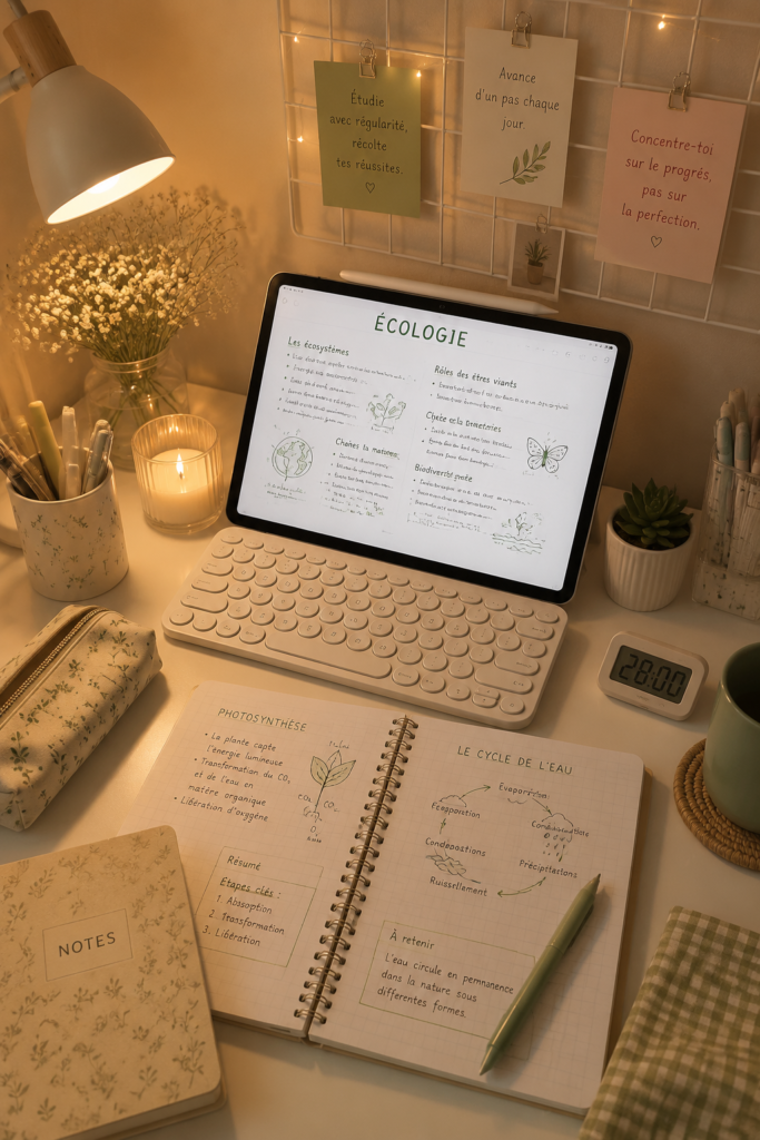 Un bureau d'étude aesthetic avec un iPad, des notes et une décoration harmonieuse.