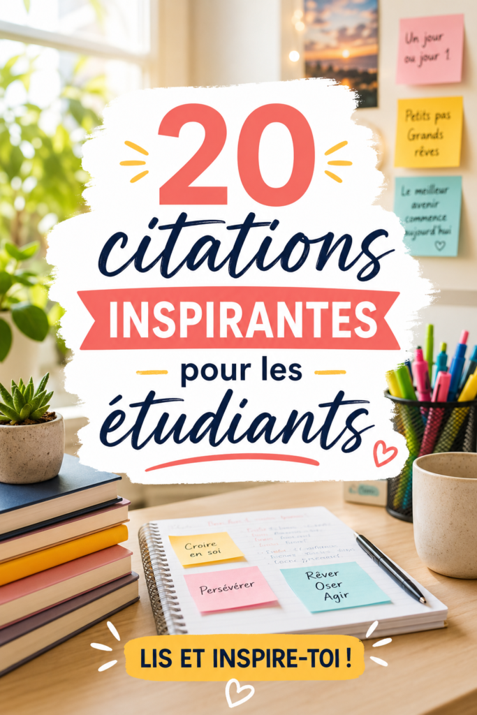 Un collage de citations motivantes pour étudiants sur un fond inspirant.