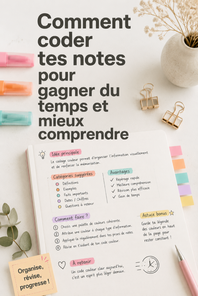 Études de notes colorées sur une table avec des surligneurs