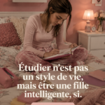 Une jeune femme studieuse entourée de livres, inspirant la curiosité et l'intelligence.